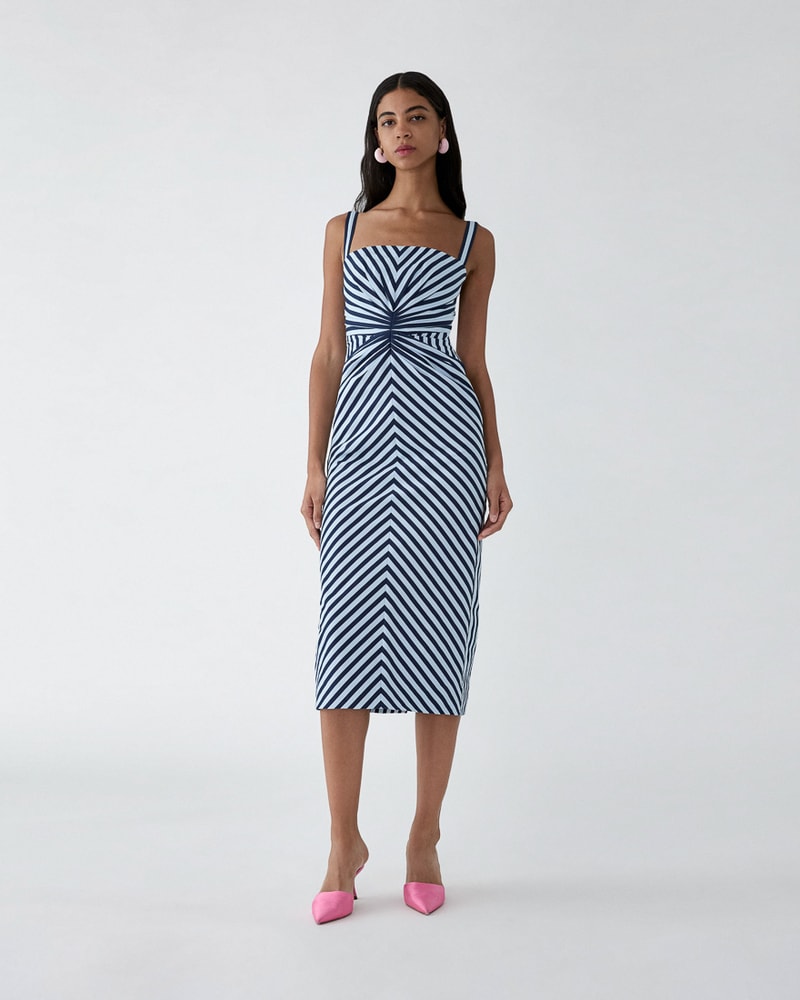 Striped Pencil Dress with Ruching