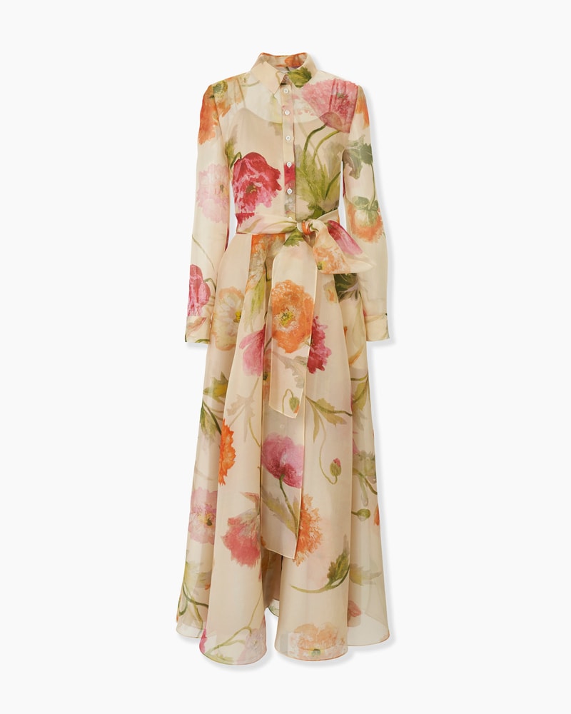 Poppy-Print Organza Trench Dress