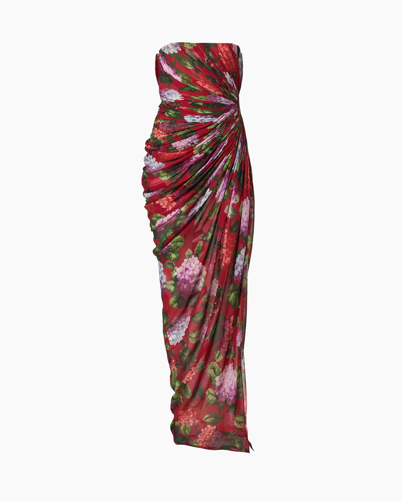 Hydrangea-Print Draped Chiffon Gown
