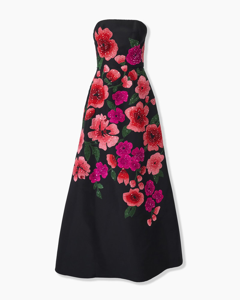 Floral-Embroidered Strapless A-Line Gown