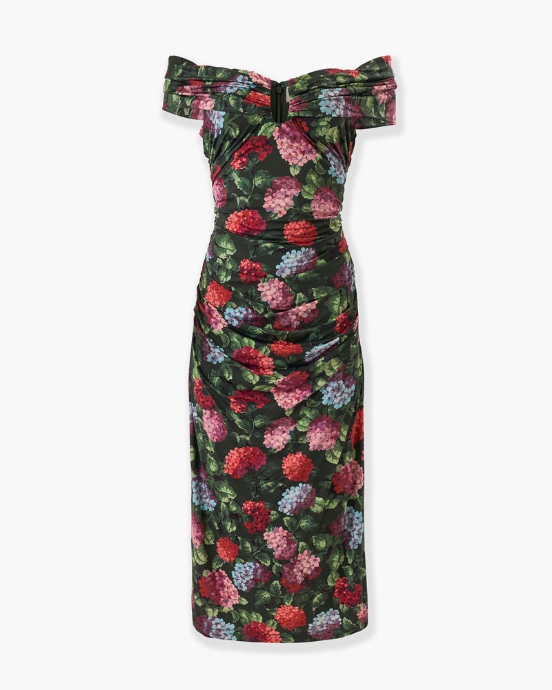 Hydrangea-Print Jersey Off-Shoulder Dress