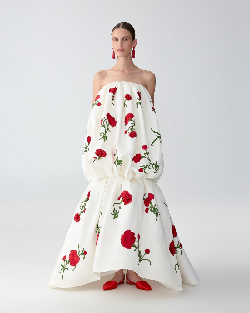 Carnation-Embroidered Bubble Gown