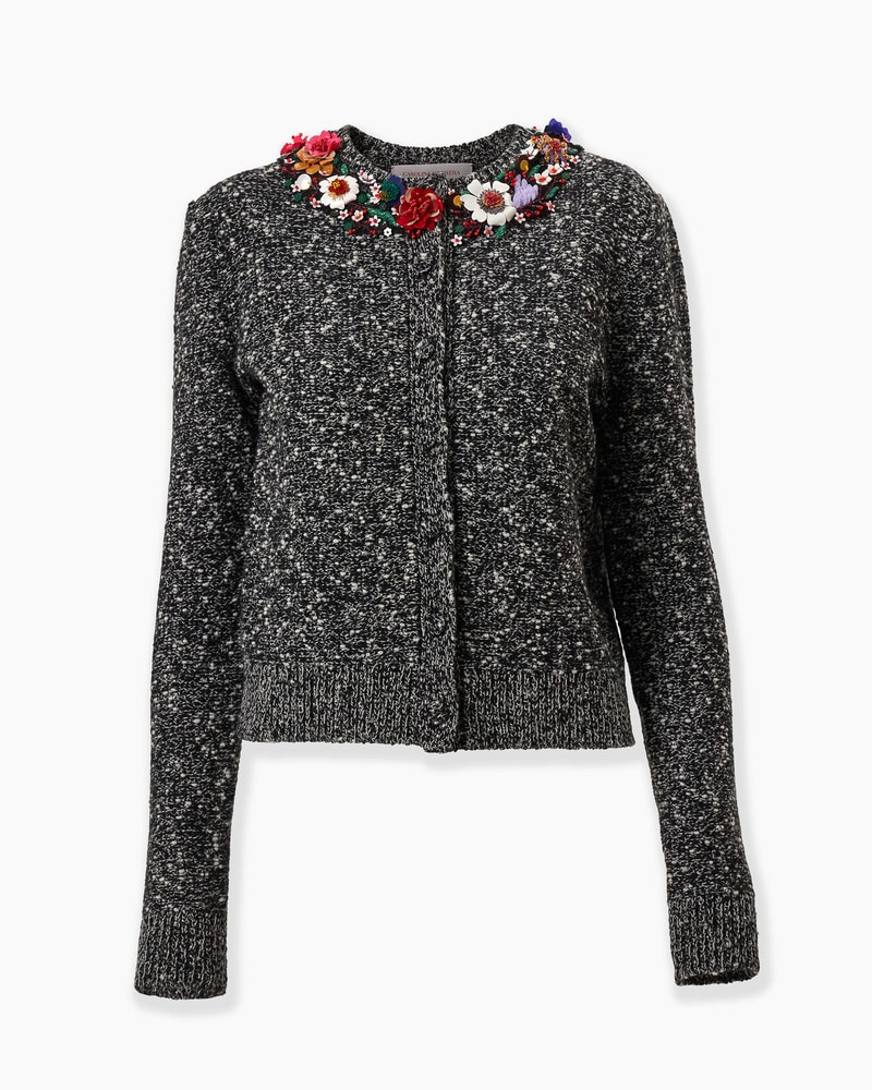 Floral-Embroidered Bouclé Cardigan