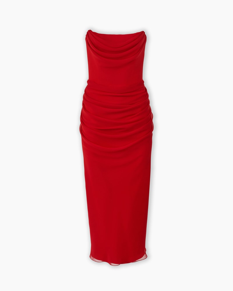 Strapless Draped Midi Dress