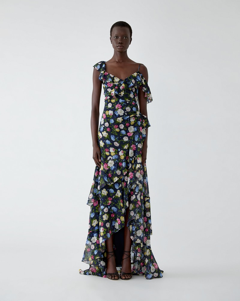 Floral-Print Chiffon One-Shoulder Gown