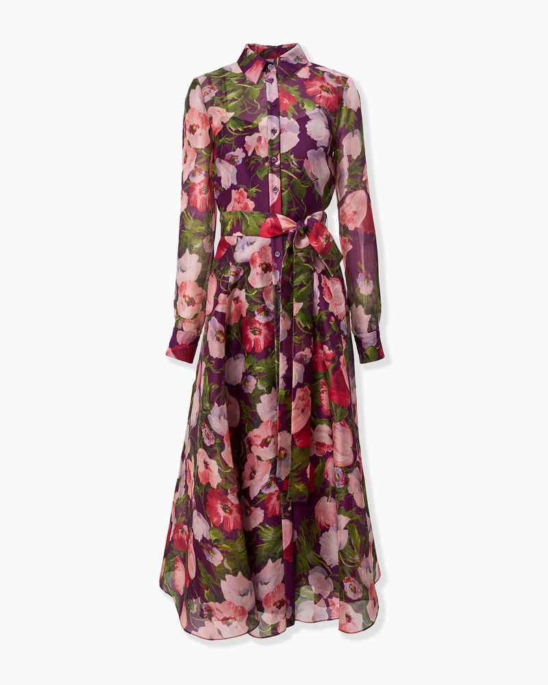Poppy-Print Organza Trench Dress