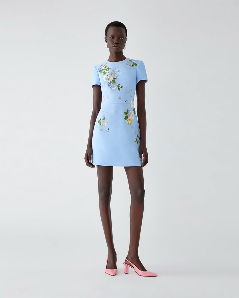 Floral-Embroidered Crepe Mini Dress