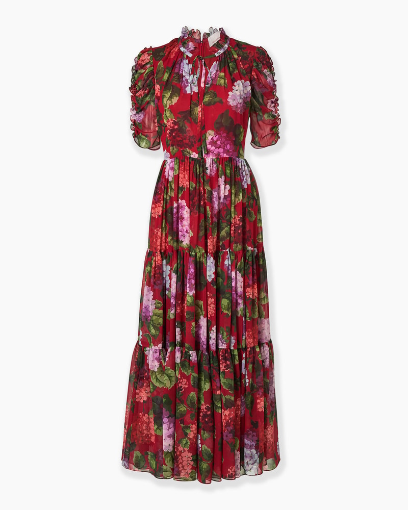 Hydrangea-Print Tiered Chiffon Dress