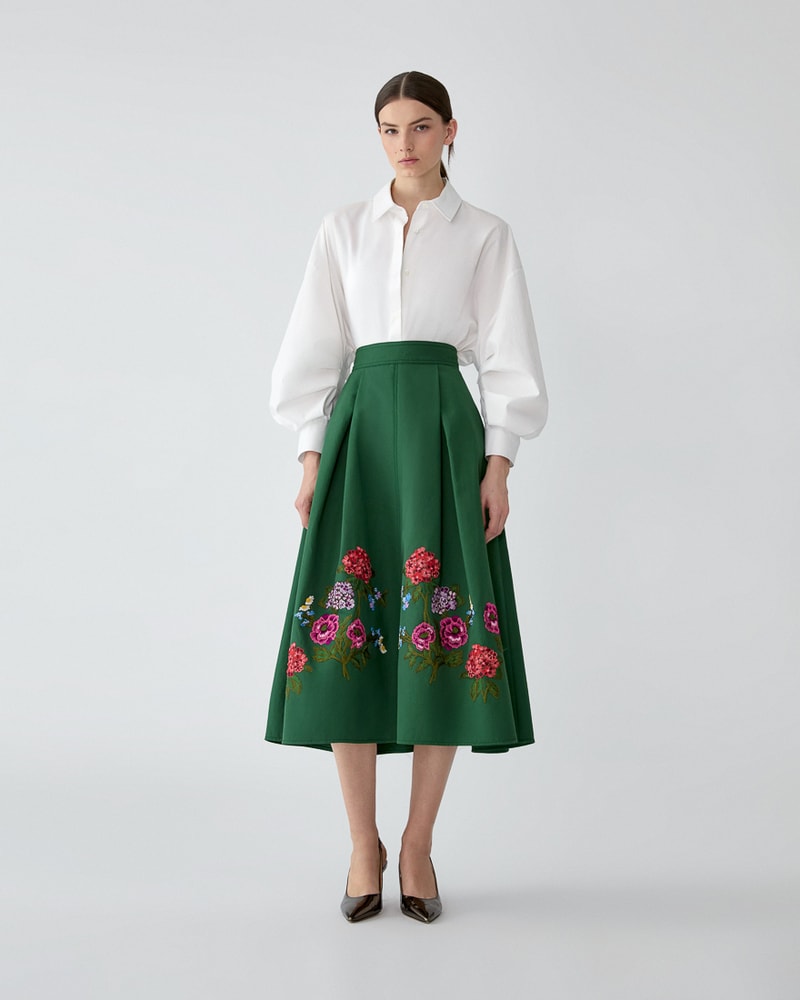 Floral-Embroidered Gabardine Midi Skirt
