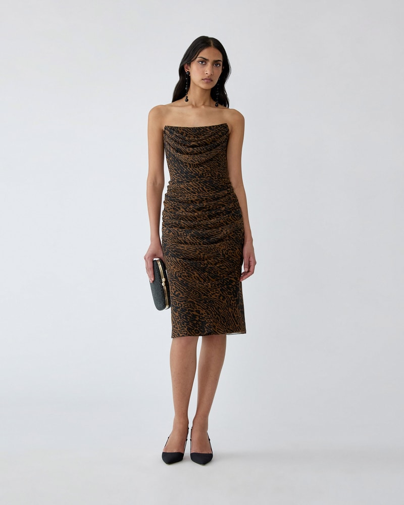 Draped Leopard Print Chiffon Dress