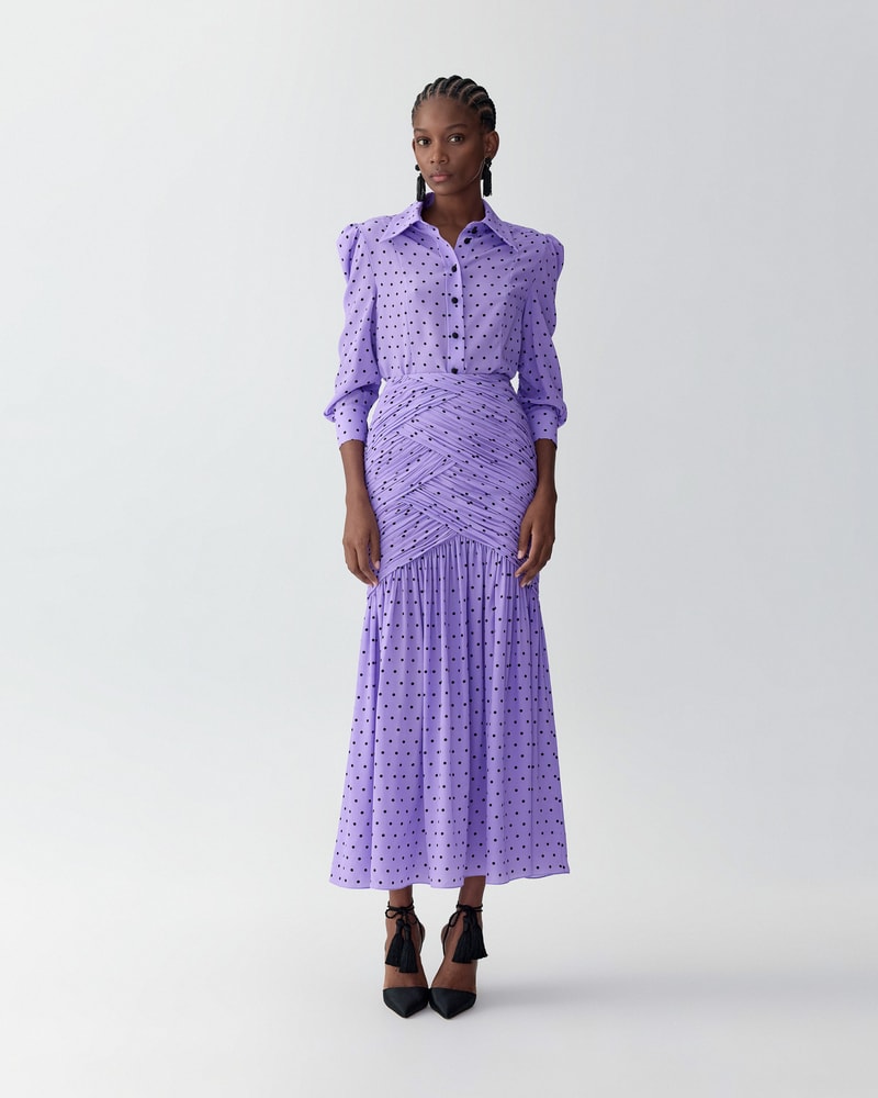 Polka Dot Ruched Midi Skirt