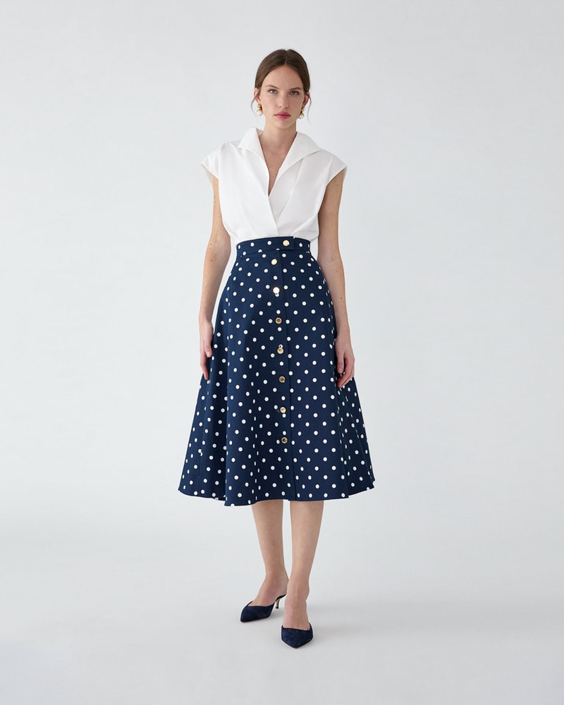 Polka Dot Button-Front Midi Skirt
