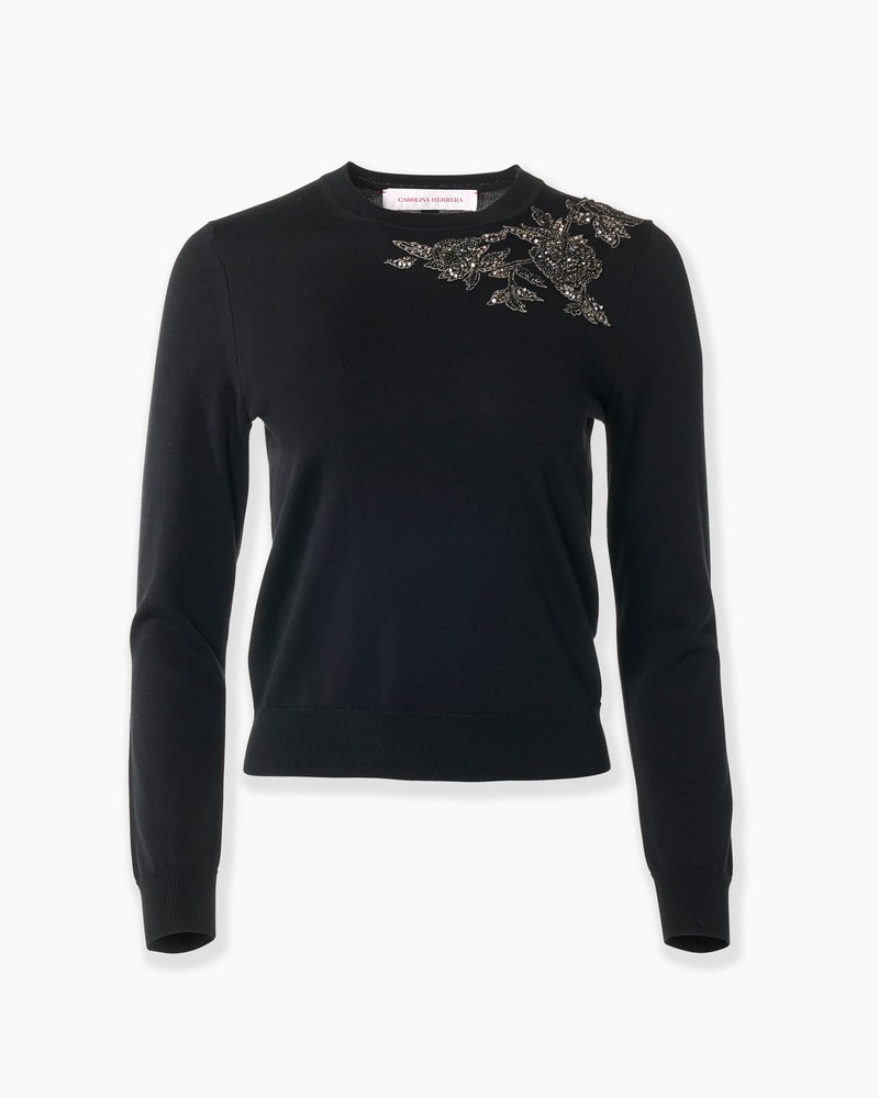 Pewter Floral-Embroidered Crewneck Sweater