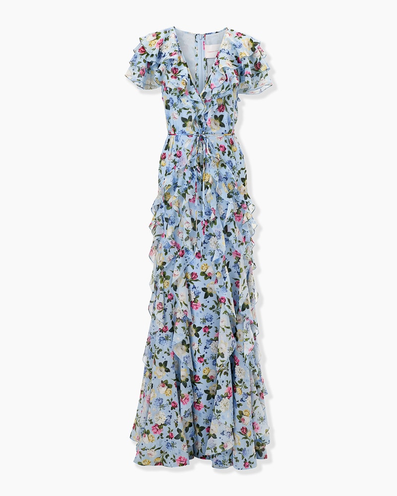Ruffled Floral-Print Chiffon Gown