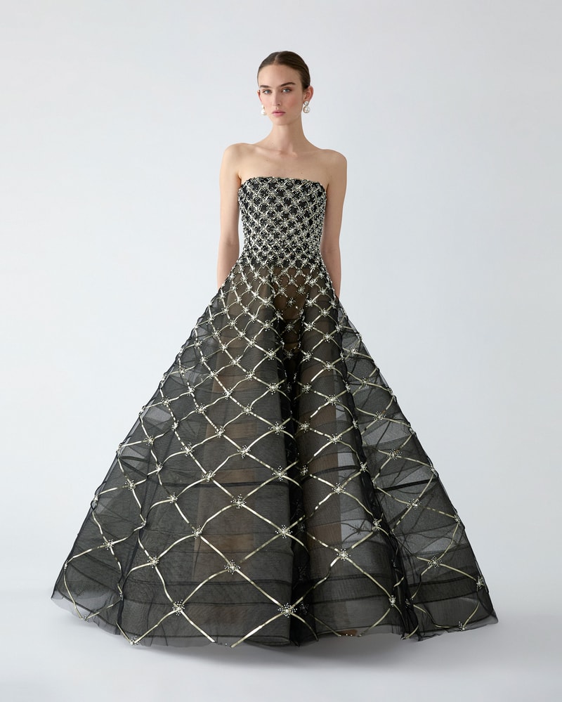 Pearl-Embroidered Strapless Gown