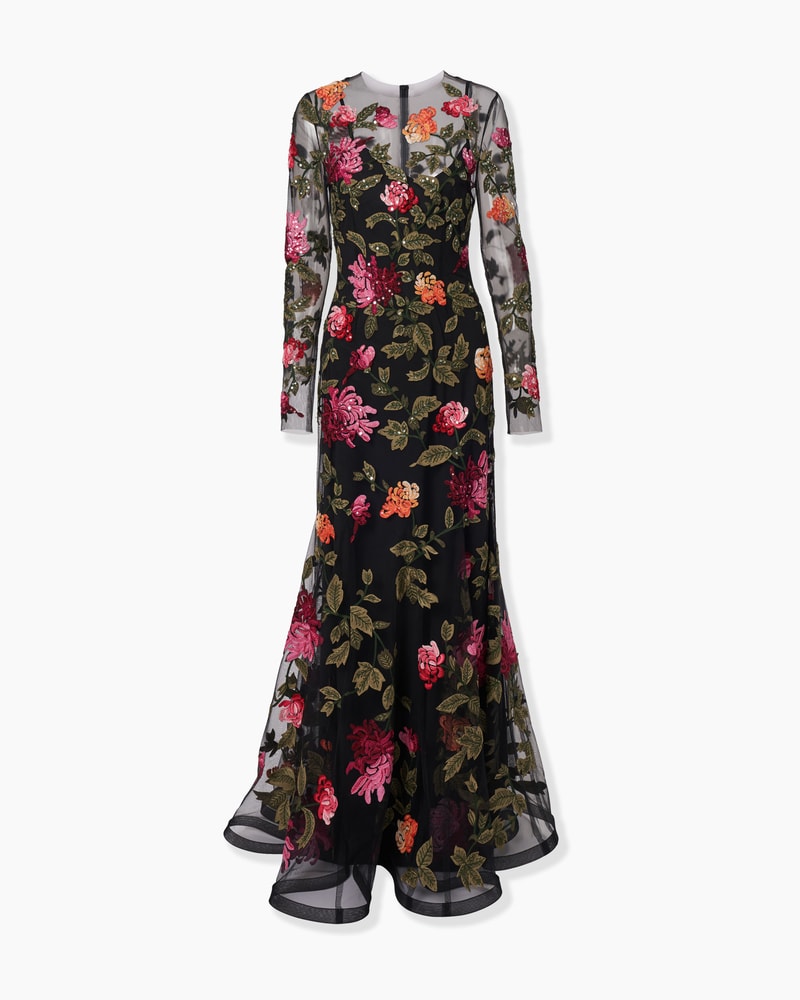 Floral-Embroidered Tulle Gown