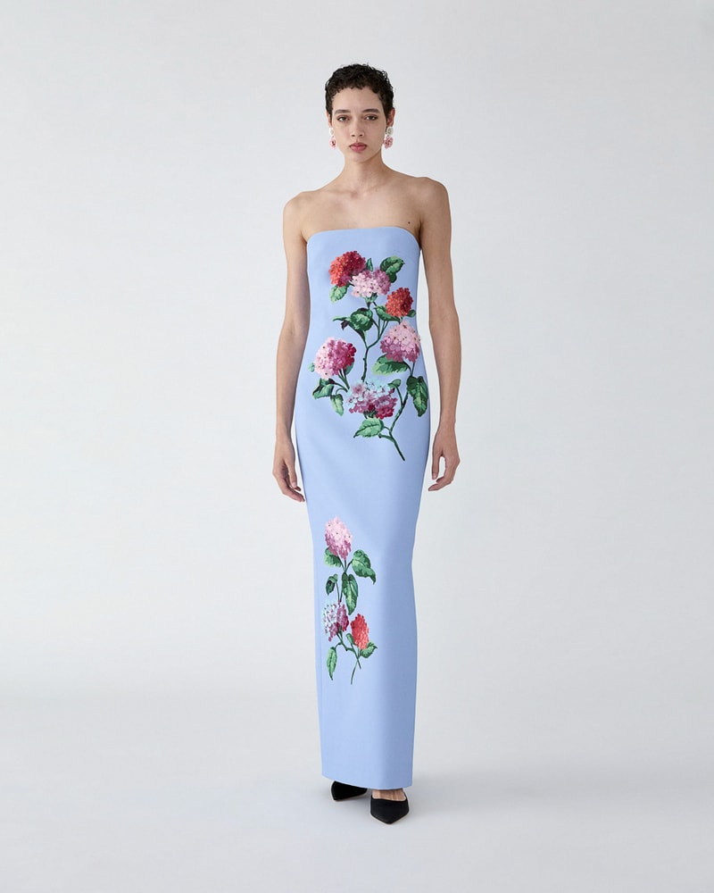 Hydrangea-Embroidered Column Gown