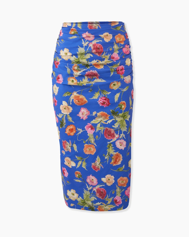Poppy-Print Ruched Midi Skirt