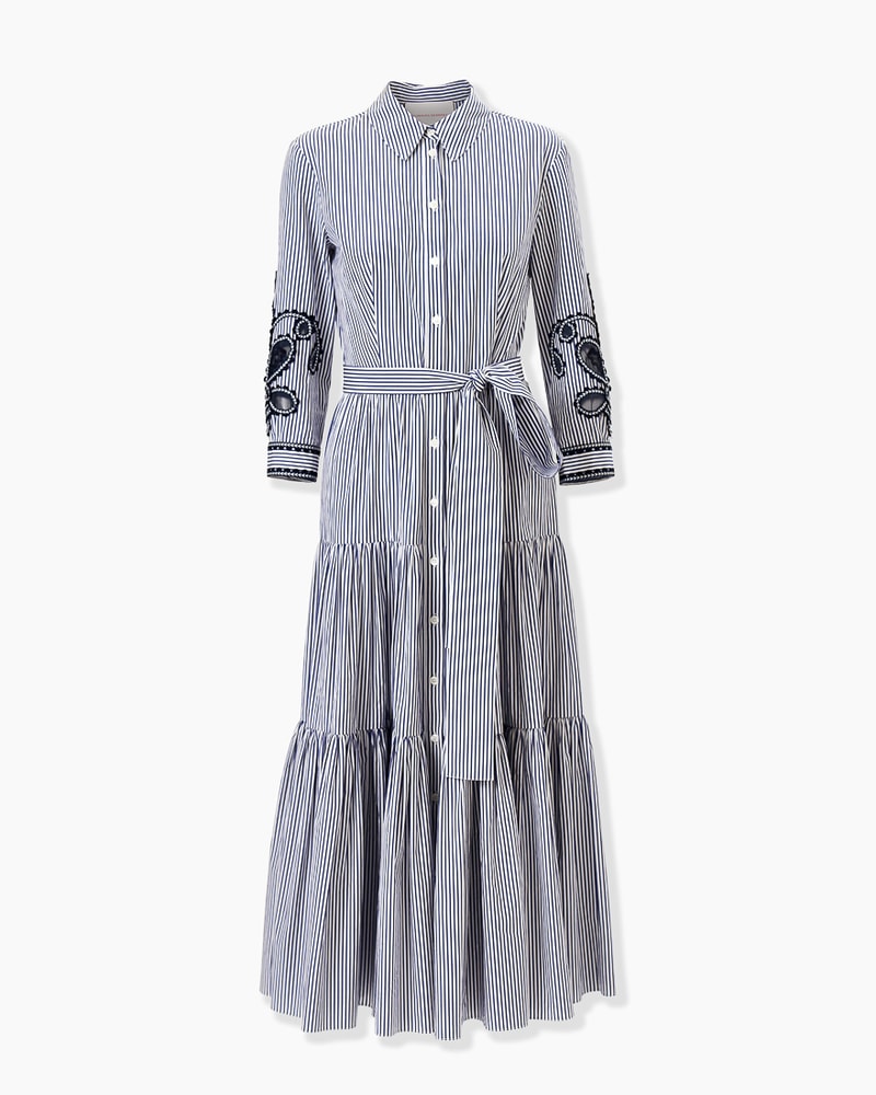 Embroidered Striped Midi Shirt Dress