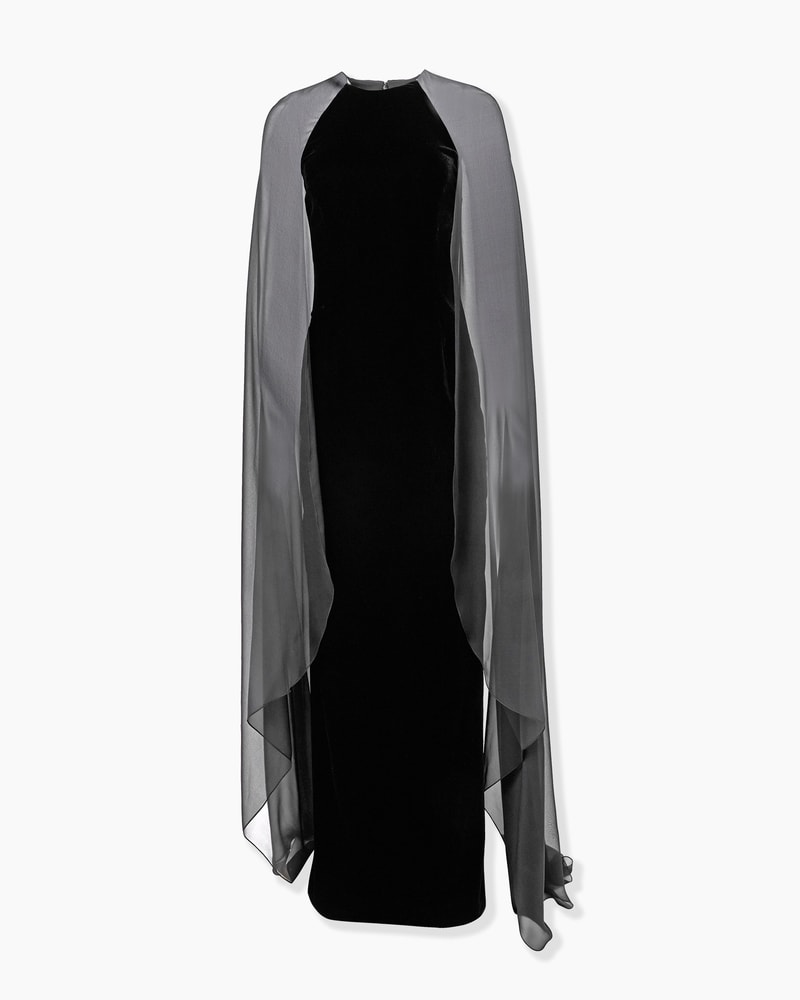 Stretch Velvet Column Gown with Cape
