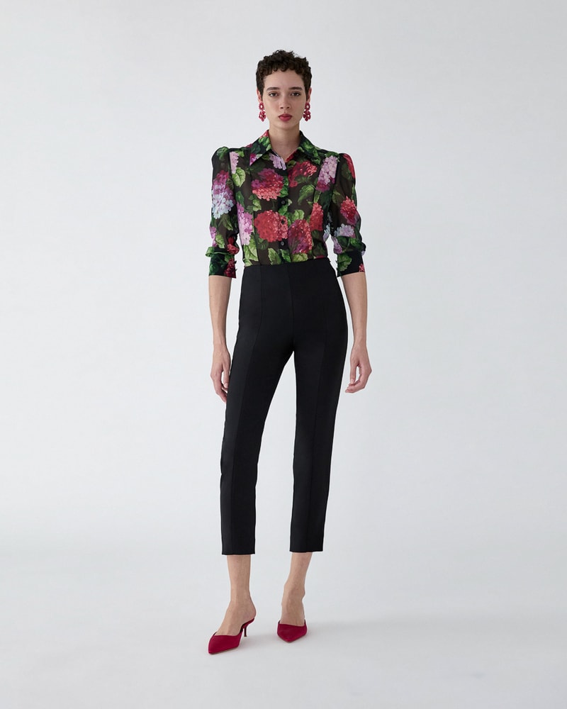 Hydrangea-Print Chiffon Blouse