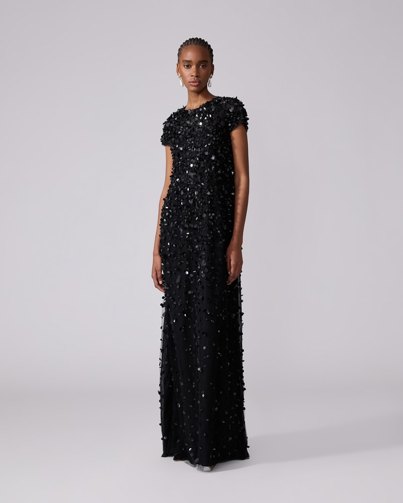 Short-Sleeve Sequin Gown