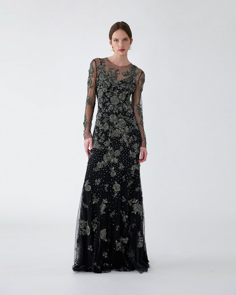 Trumpet Gown with Pewter Floral Embroidery