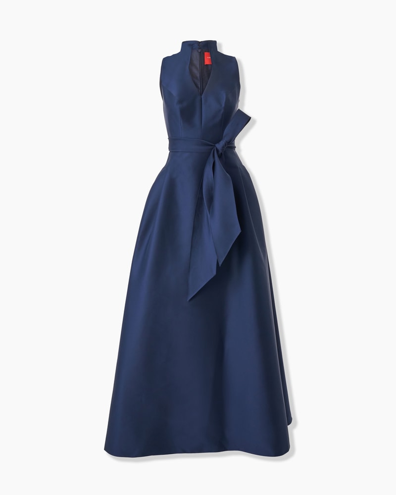 V-Neck Gown with Stand Collar and Self Belt