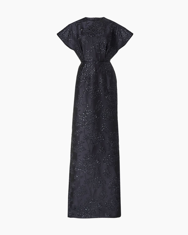 Floral Lurex Jacquard Fan Bodice Gown