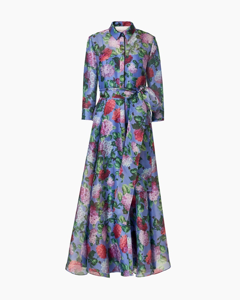 Hydrangea-Print Organza Trench Dress