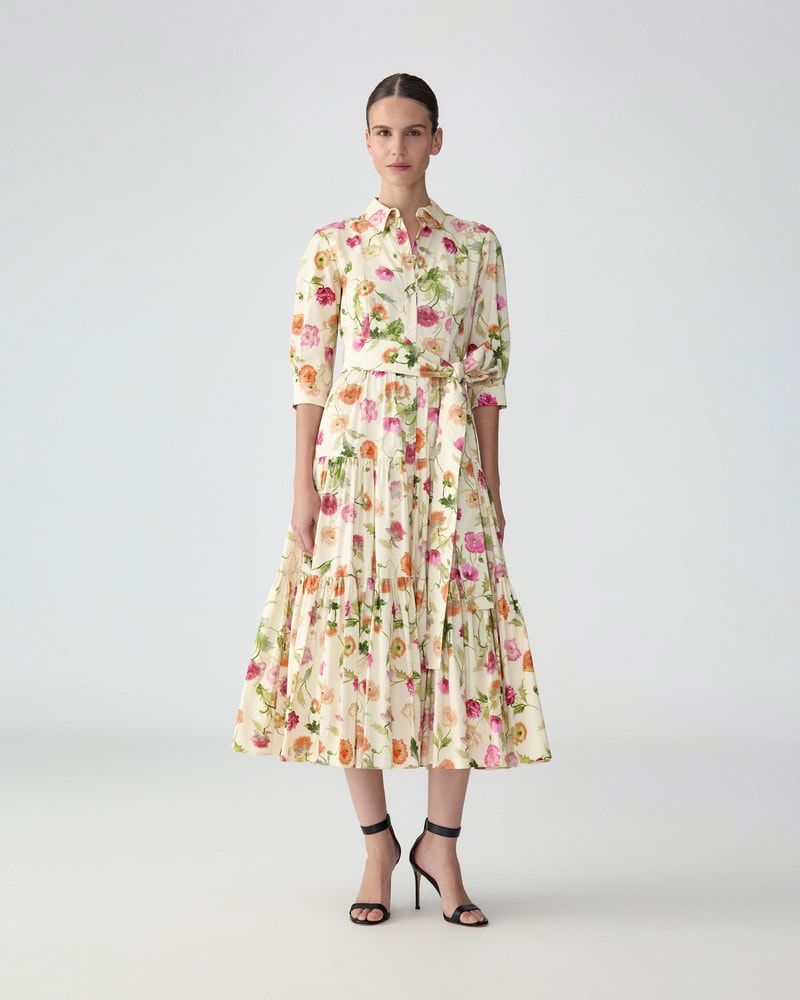 Poppy-Print Tiered Midi Shirt Dress
