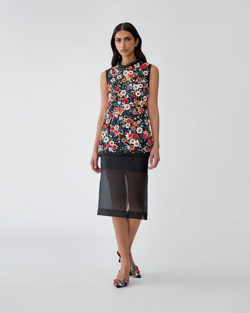 Multicolor Floral-Embroidered Organza Top