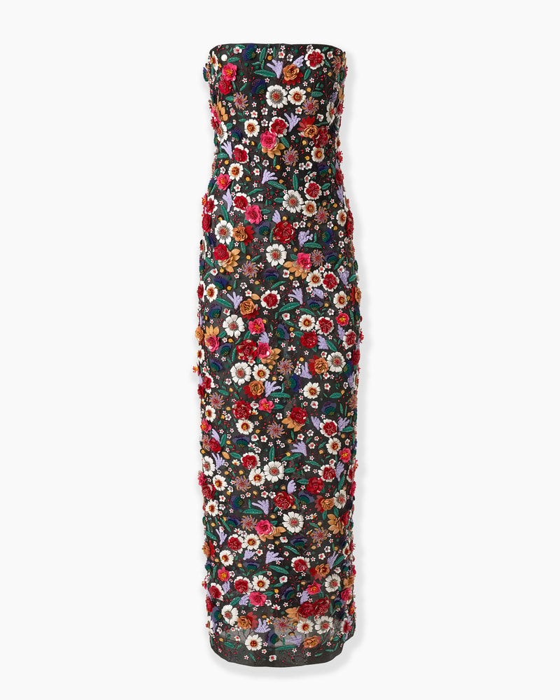 Robe en organza à broderies florales multicolores