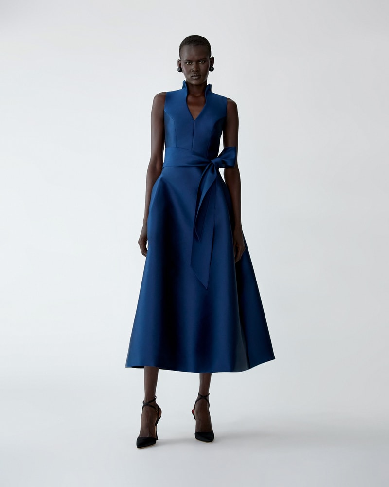 Stand-Collar Mikado Midi Dress