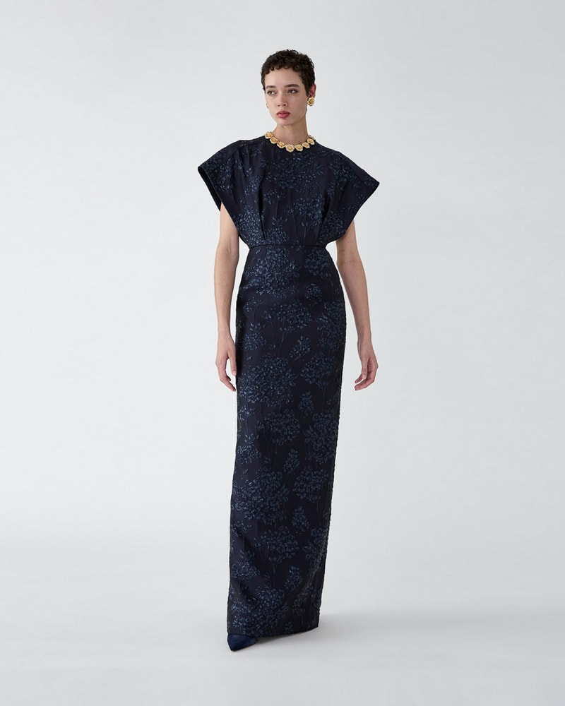 Floral Lurex Jacquard Fan Bodice Gown