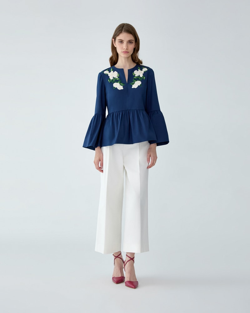 Floral-Embroidered Bell Sleeve Top