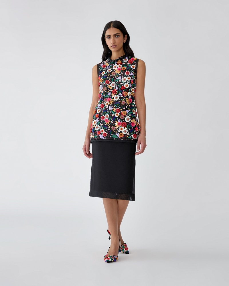 Multicolor Floral-Embroidered Organza Top