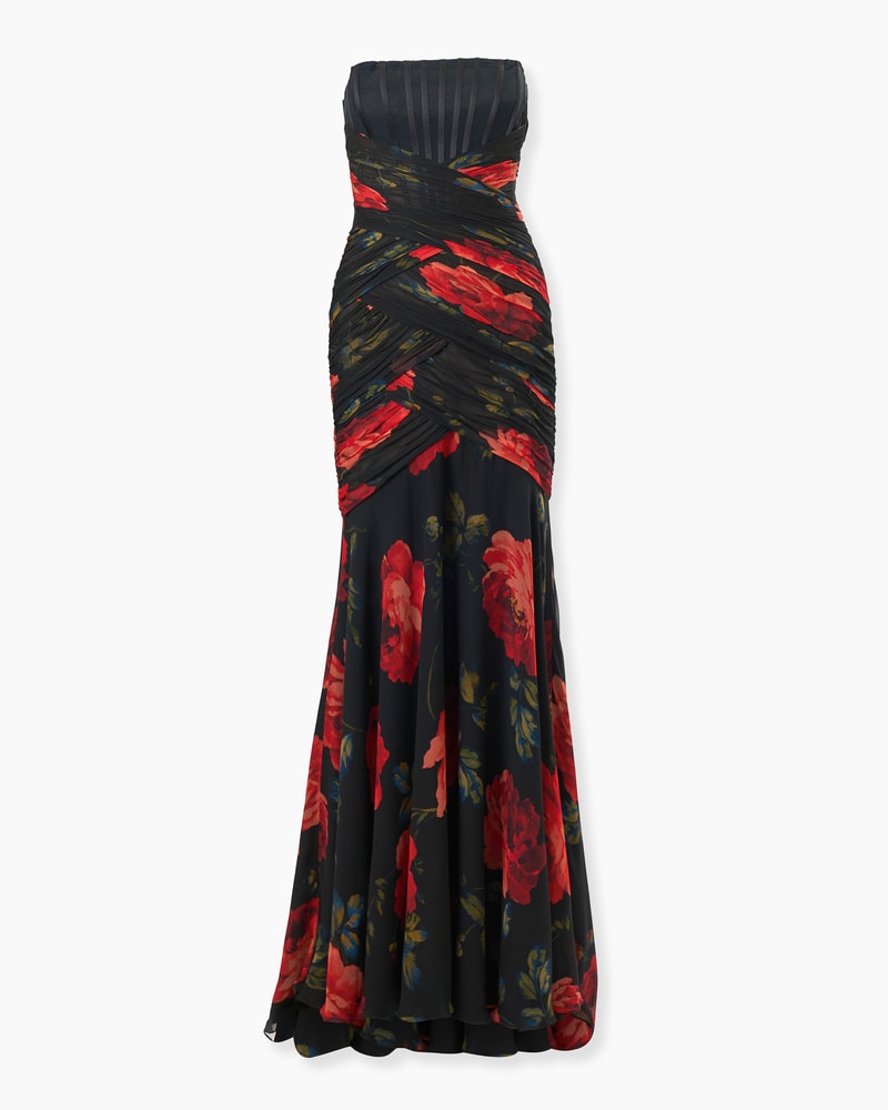 Rose-Print Chiffon Bustier Gown