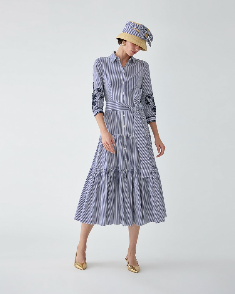 Embroidered Striped Midi Shirt Dress