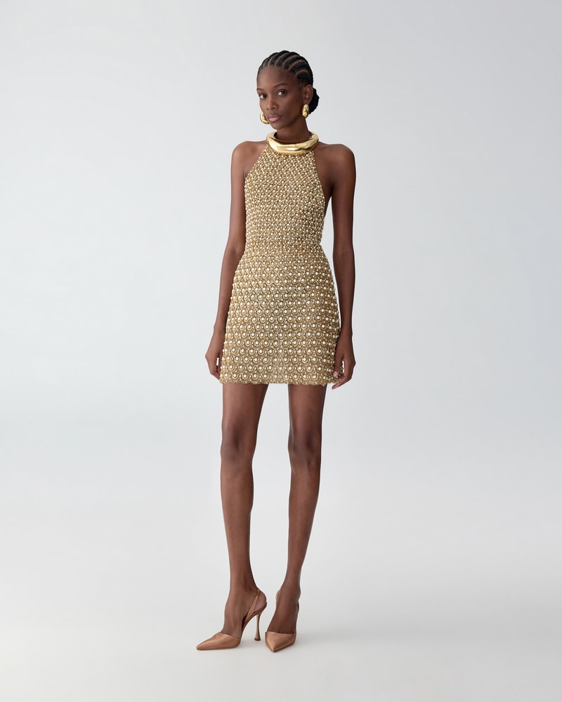 Gold Embellished Halterneck Mini Dress