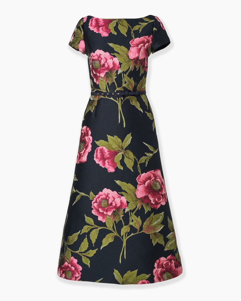 Peony Jacquard Belted Midi Dress