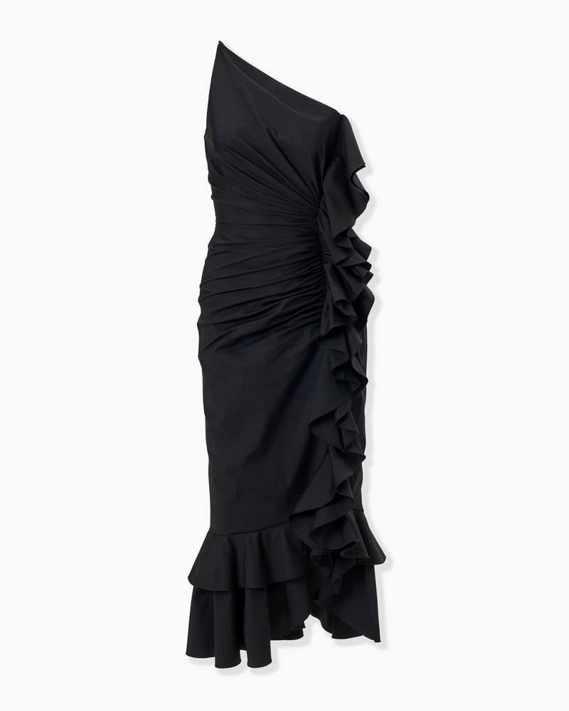 Asymmetric Ruched Midi Dress with Ruffles