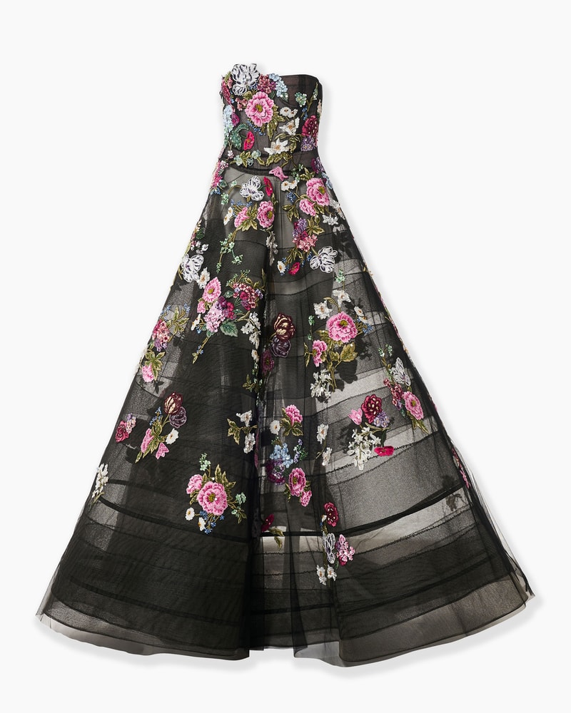 Strapless Ball Gown with Floral Embroidery