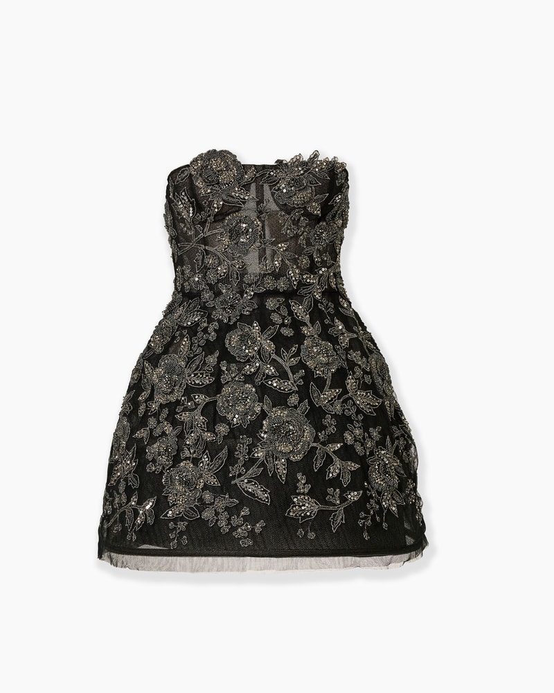 Strapless Minidress with Pewter Floral Embroidery