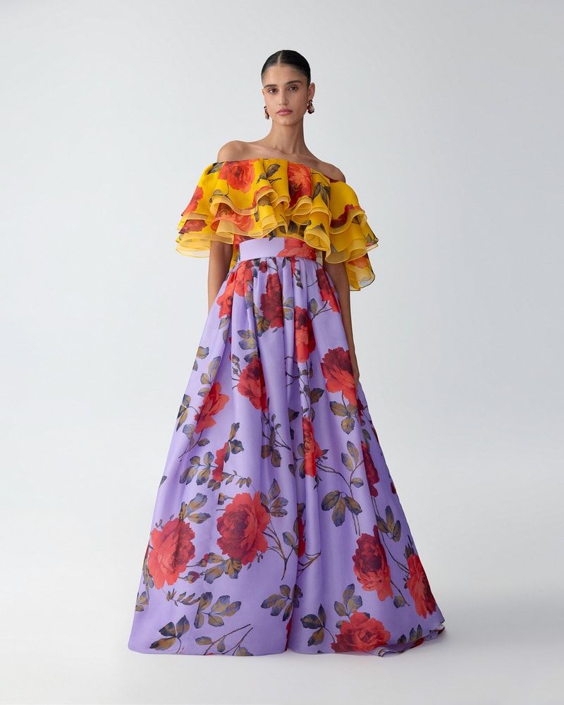 Rose-Print Organza Ball Skirt