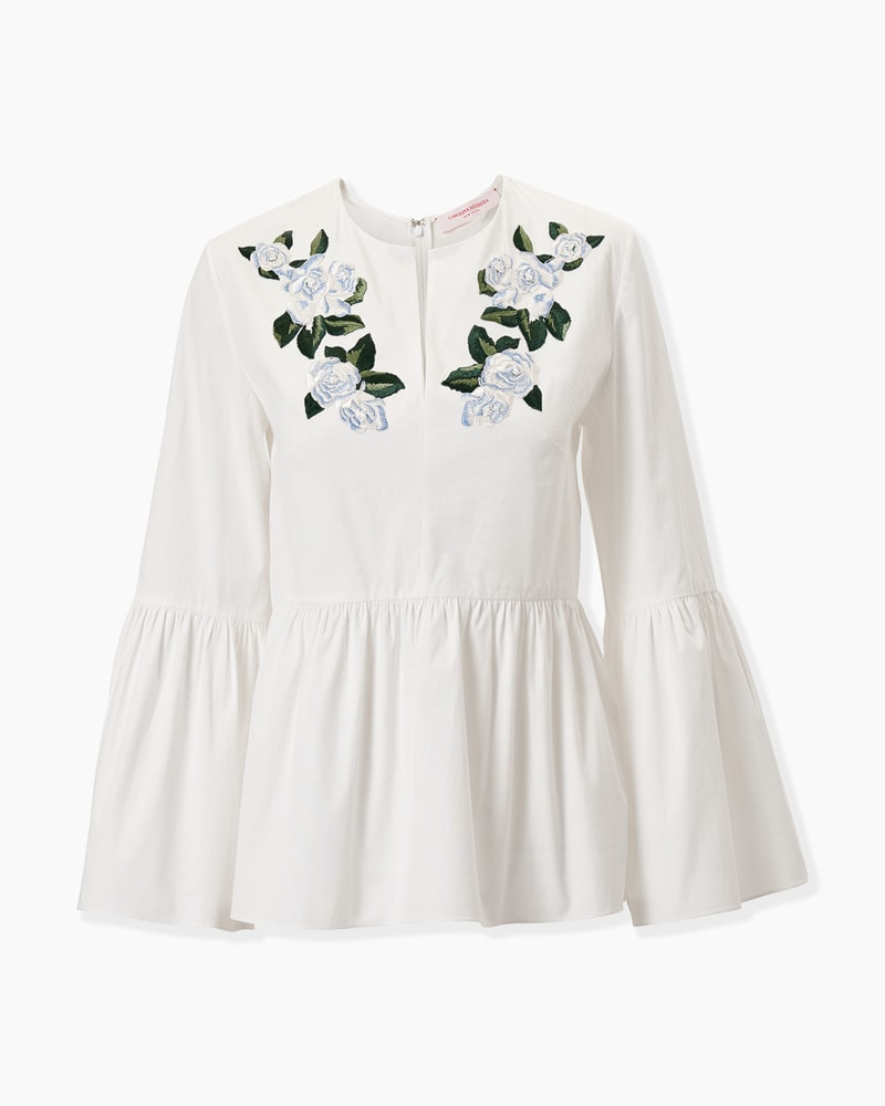 Floral-Embroidered Bell Sleeve Top