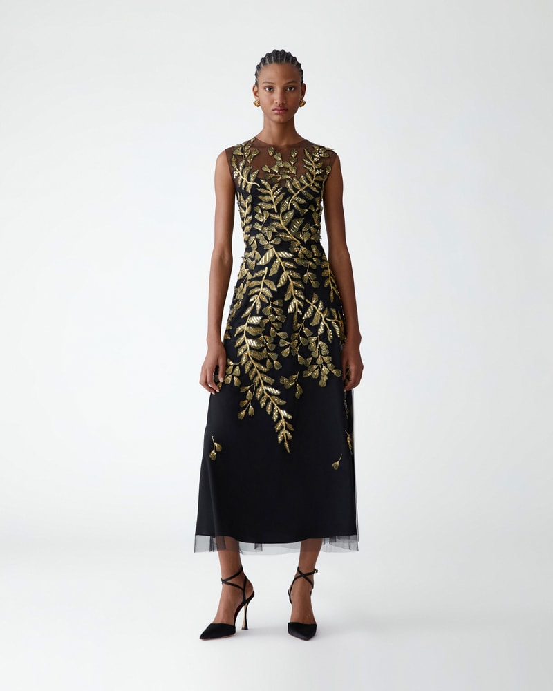 Gold Leaf-Embroidered Tulle Midi Dress