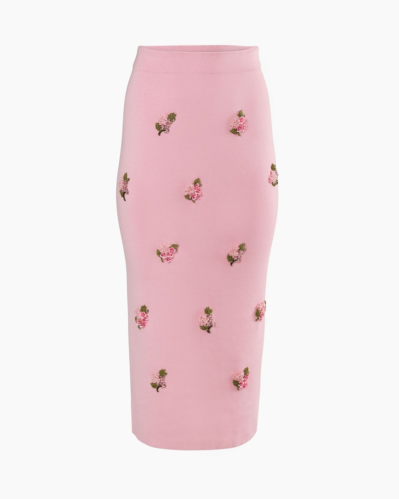Floral-Embroidered Knit Pencil Skirt