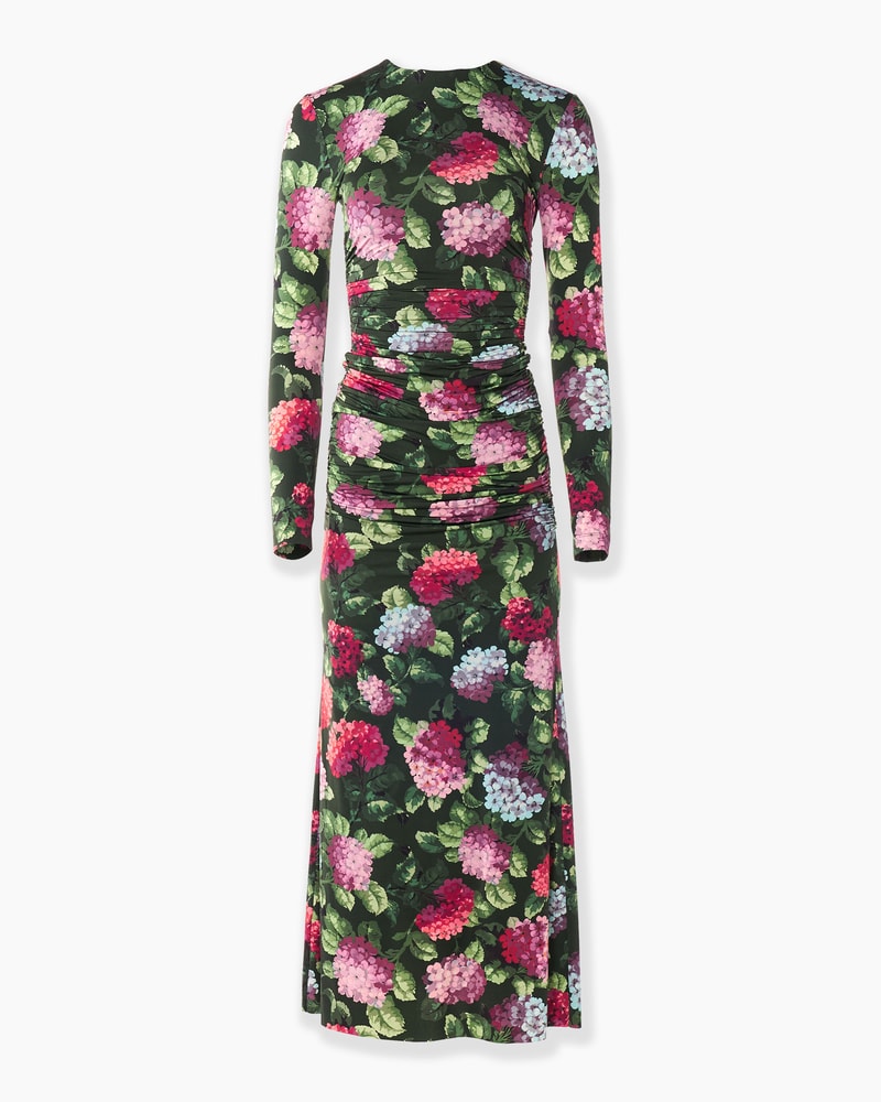 Hydrangea-Print Jersey Ruched Dress