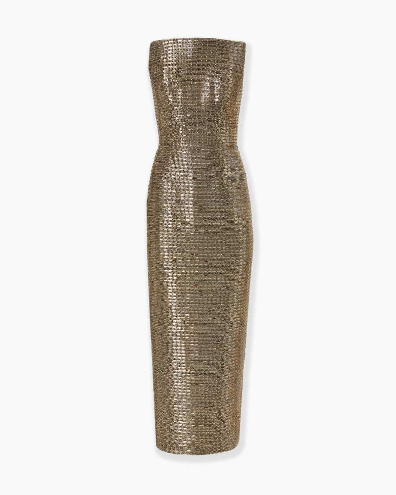 Gold-Embroidered Strapless Gown